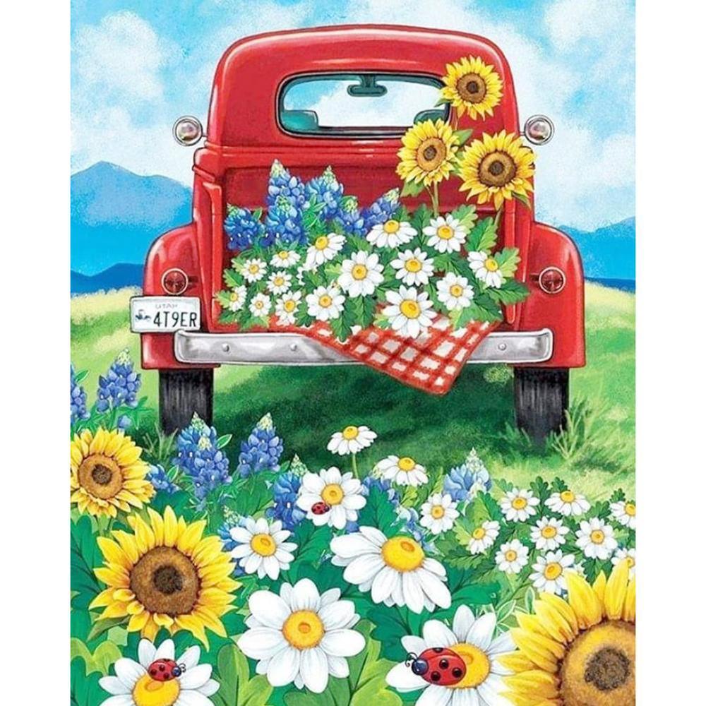 Free Car And Sunflower - MyCraftsGfit - Free 5D Diamond Painting