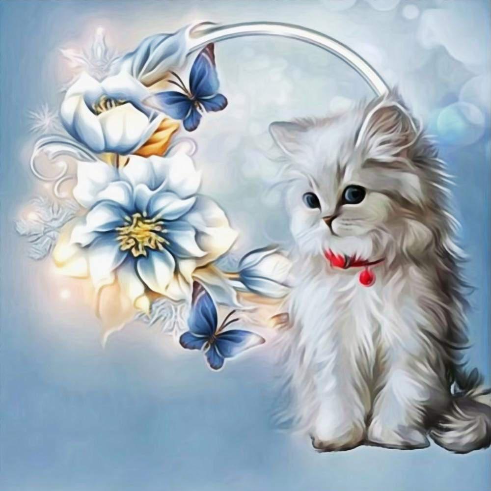 Free Cat with Flowers - MyCraftsGfit - Free 5D Diamond Painting