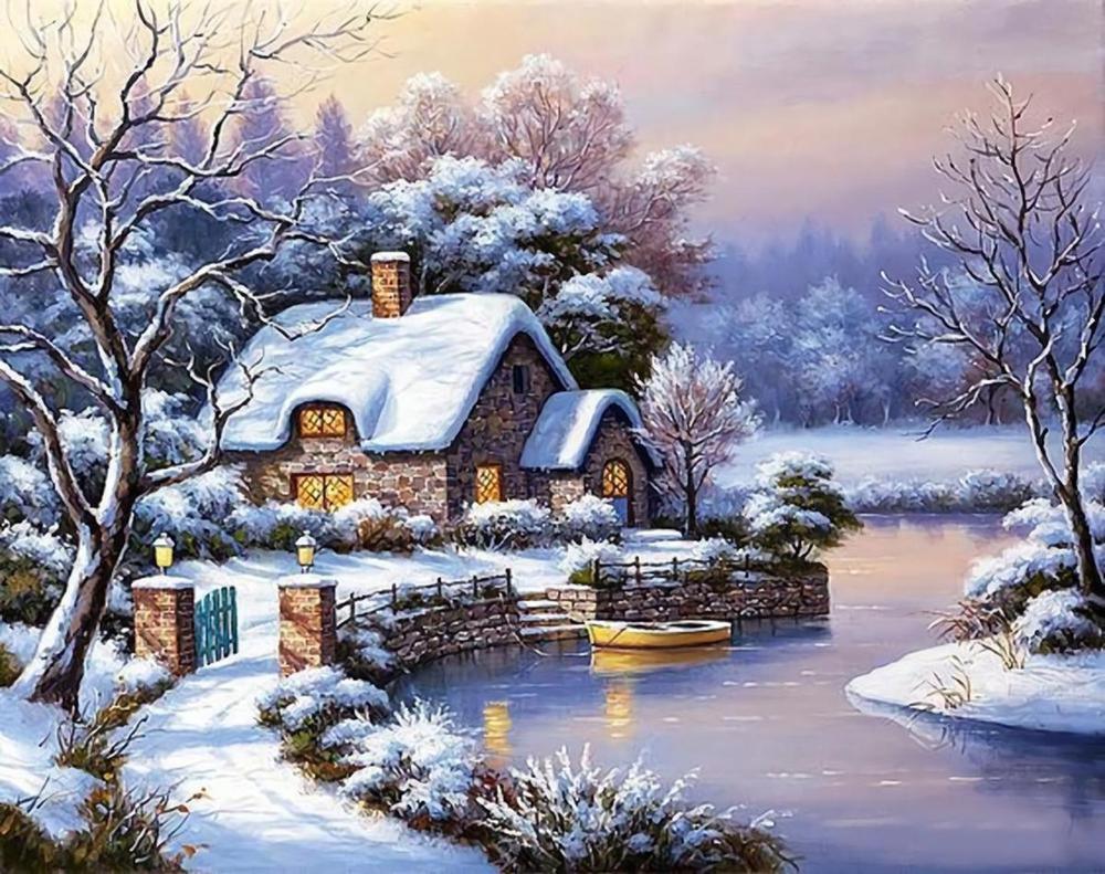 Free Winter __ouse And River_ - MyCraftsGfit - Free 5D Diamond Painting